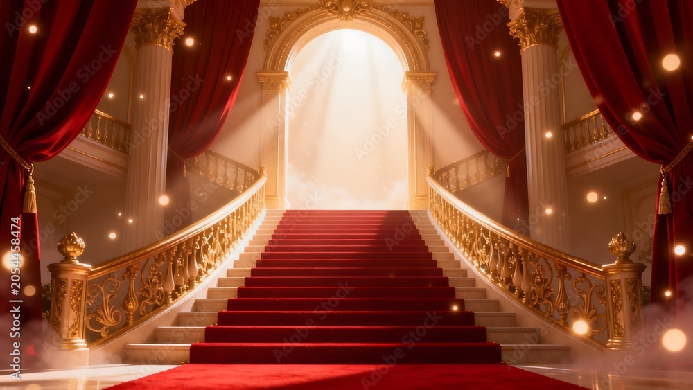 Obraz premium Elegant staircase with red carpet and golden details