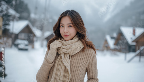Obraz na płótnie 冬の雪山の村で日本人女性がニットとコート姿で微笑む写真