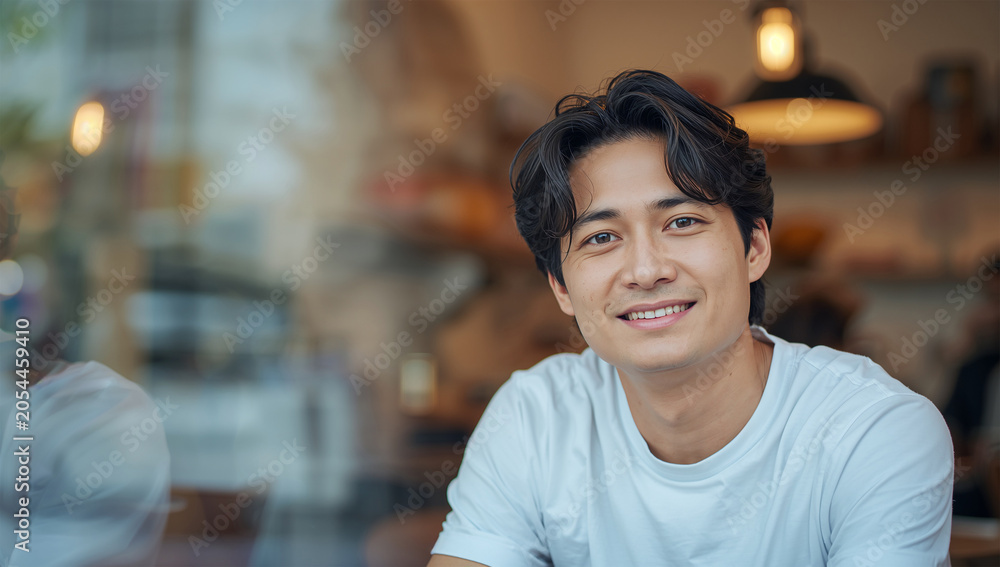 Obraz premium 余白のあるカフェ店内で日本人男性が微笑む広告向け写真