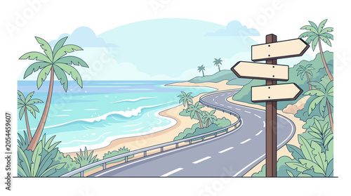 Fotografie Scenic coastal road with palm trees and a wooden signpost