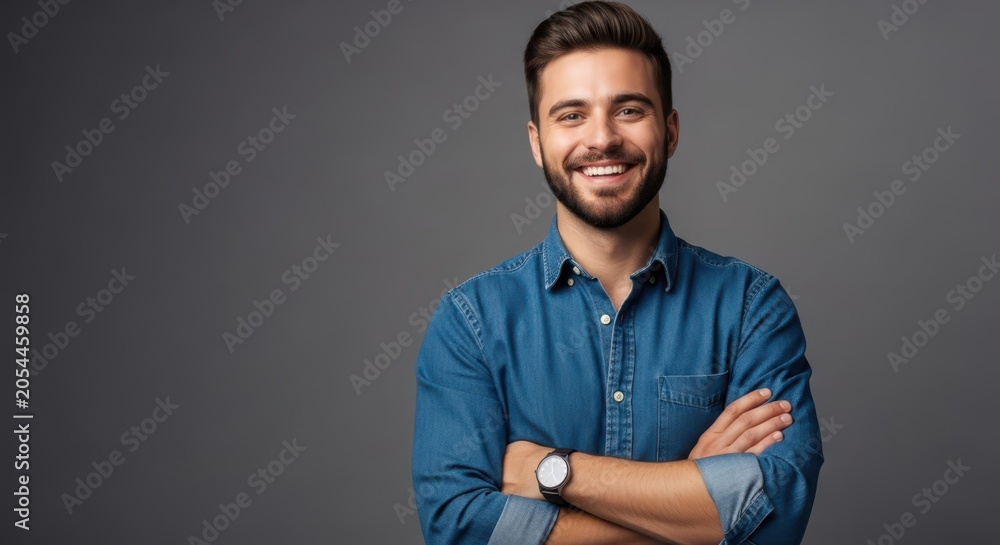 Obraz premium A handsome young man with a confident smile and crossed arms in a studio portrait