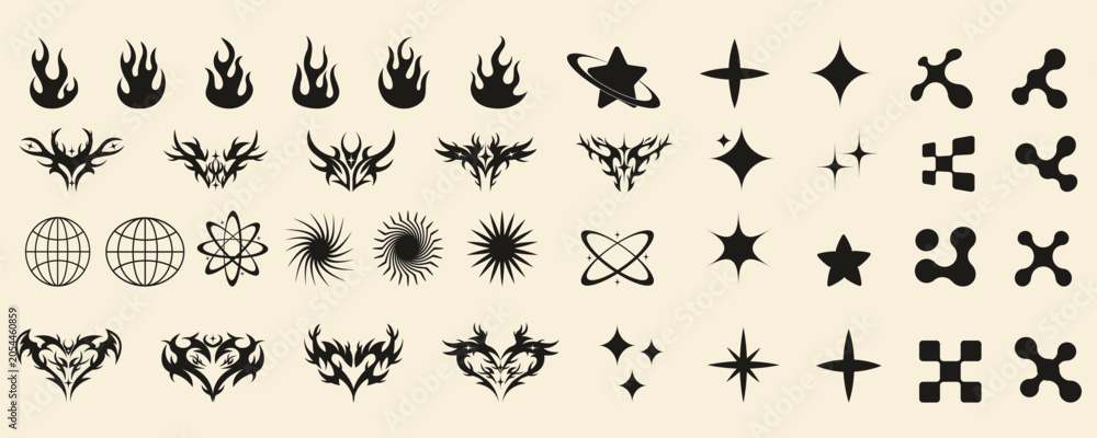 Fototapeta premium Y2K element set with retro future stars, tribal gothic shapes, flames, wireframe globes and abstract tech symbols