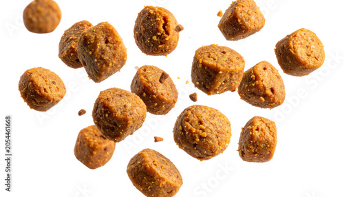 Close-up of brown dry pet food kibble falling and floating on a white background, showcasing texture and motion for healthy animal nutrition.