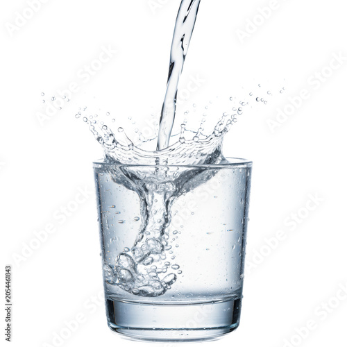 Pure mineral water forms frozen crown splash, droplets, air bubbles, glass, condensation, white infinity cove, macro, concept for beverage advertising.