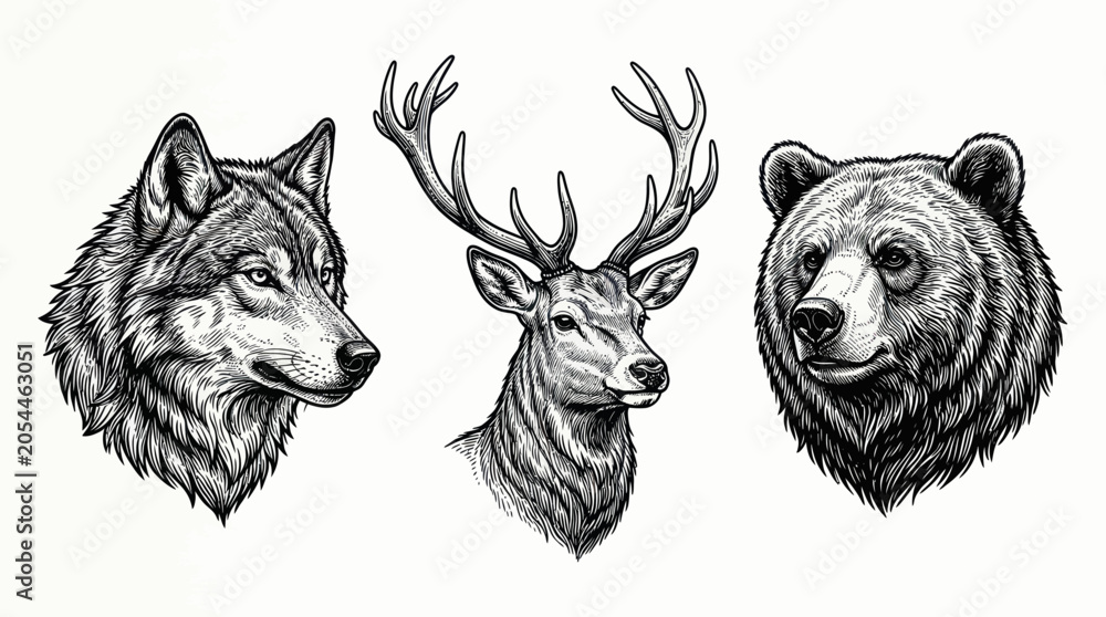 Fototapeta premium Wolf stag and bear head portraits in vintage engraving style