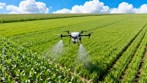 Drone spraying crops in field