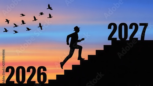 A person runs up a staircase into the future with birds flying.