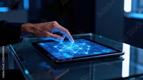 Hand interacting with digital tablet interface