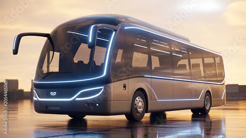 A high-quality photography shot of a futuristic bus on a wet road