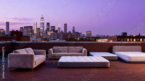 Rooftop with mattresses and city skyline