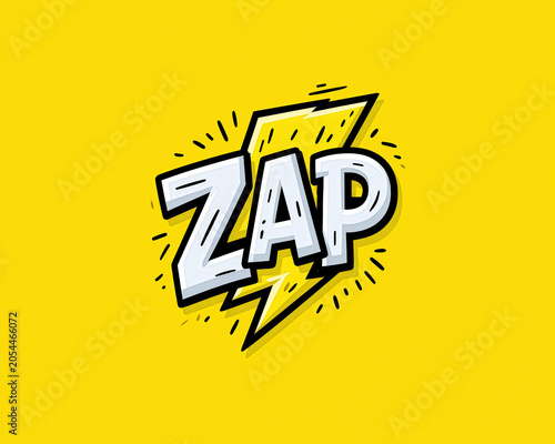 Quirky pop art style comic book illustration of the word ZAP with a lightning bolt and action lines isolated on a solid yellow background created with Generative AI Technology, ai, generative
