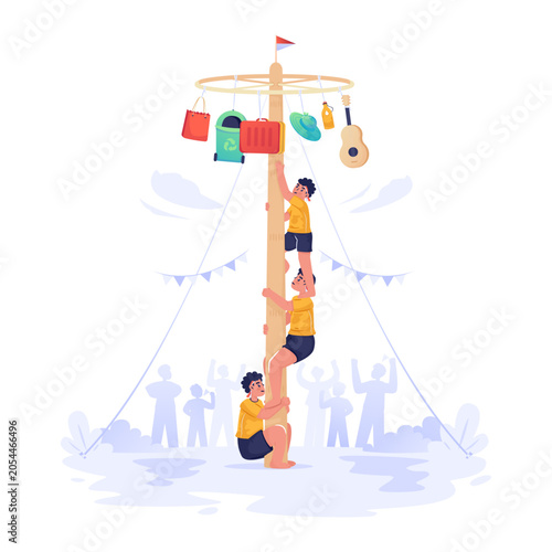 Traditional Greasy Pole Climbing Games During Independence Day Celebration Vector Illustration
