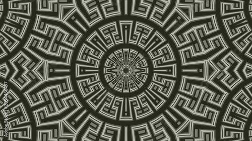 Abstract kaleidoscope geometric pattern forms concentric circles. Gray lines create a mesmerizing, symmetrical design.