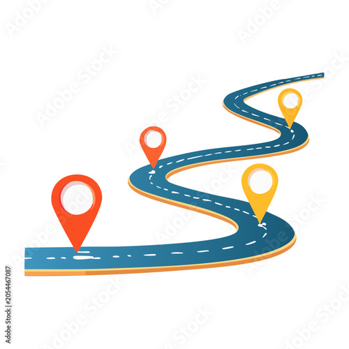 Winding Road with Location Markers - Vector Illustration