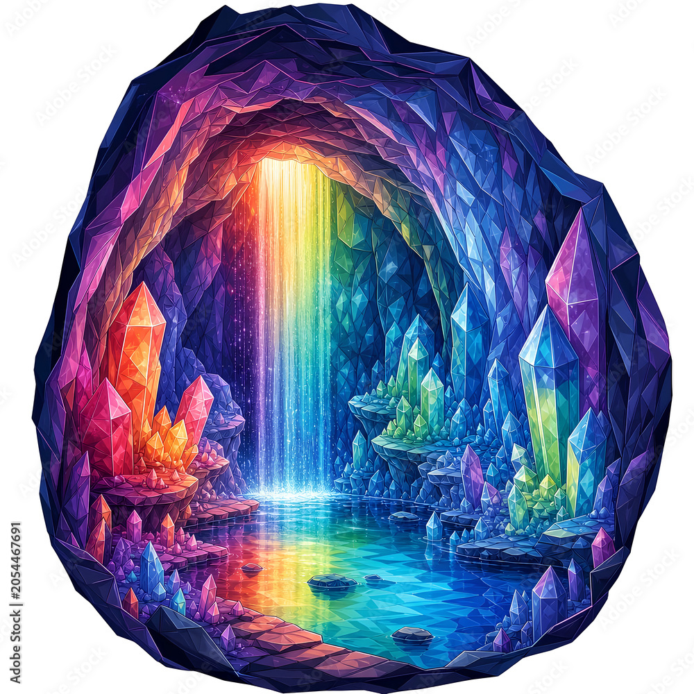 Fototapeta premium A vibrant, otherworldly cave filled with glowing crystals and a rainbow waterfall cascading into a shimmering pool.
