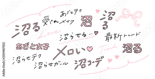 Photos 沼る、メロいの手書き文字のあしらい、ファッション、コスメの訴求、Z世代, SNSトレンド、インスタ素材、サムネイル素材、販促のゆるい手描きの文字などのベクターイラスト素材セット Hand-drawn Japanese text set