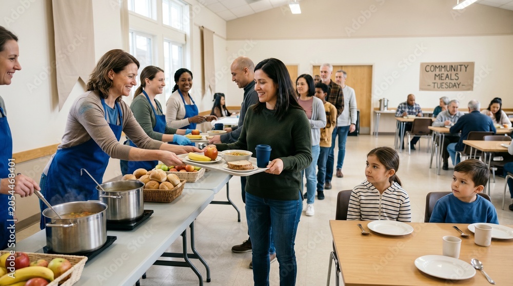 Obraz premium Community Meal Service for Displaced Families in Temporary Support Hall