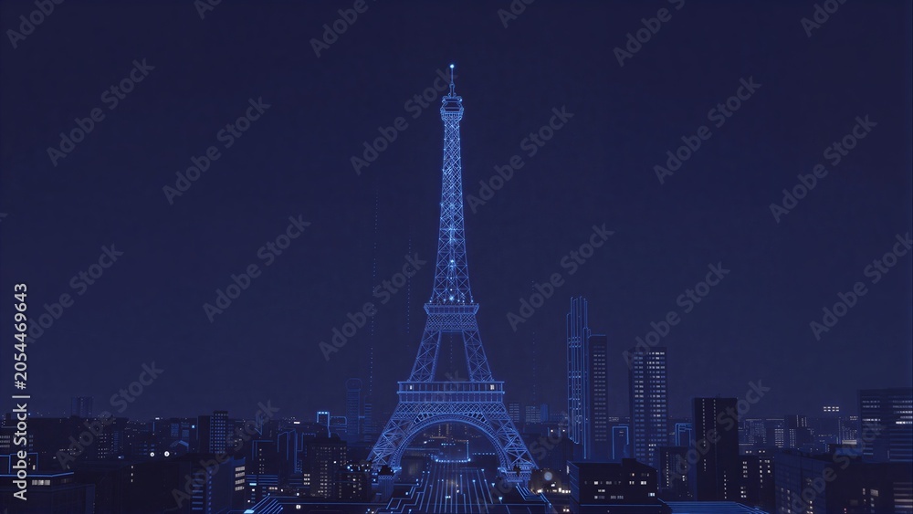 Obraz premium Blue-lit Eiffel Tower with arrow top city skyline at night.