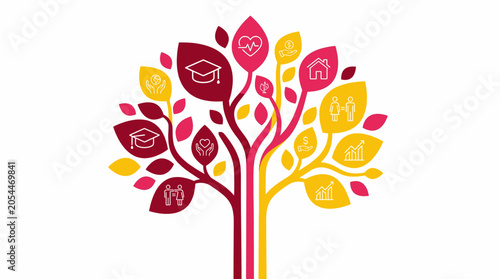Growth of Essential Life Values Represented by an Icon Tree Showing Education Finance and Community Support