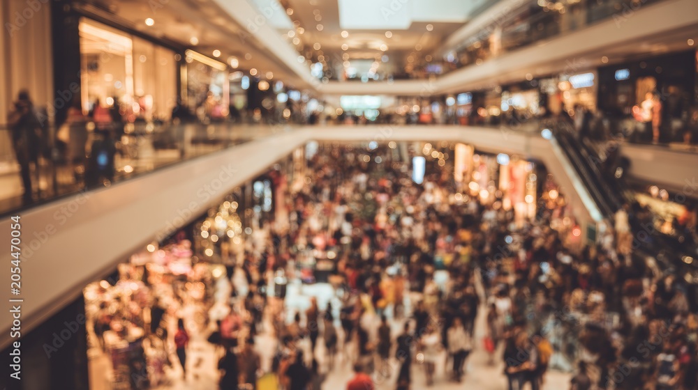 Obraz premium Abstract blurred photo of many people shopping inside department store or modern shopping mall. Urban lifestyle and black Friday shopping, motion, speed, blurred, group, city, modern
