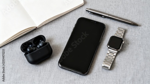 Smartphone earbuds watch and notebook