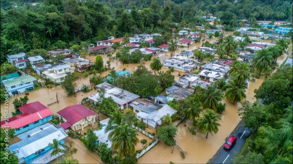 Obraz premium Flood flooding residential neighborhood aerial view inundation disaster muddy floodwater houses submerged community damage with roads trees and homes affected by severe weather event