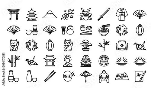 Japan Culture Line Icon Set with Traditional Japanese Symbols Landmarks and Heritage Elements