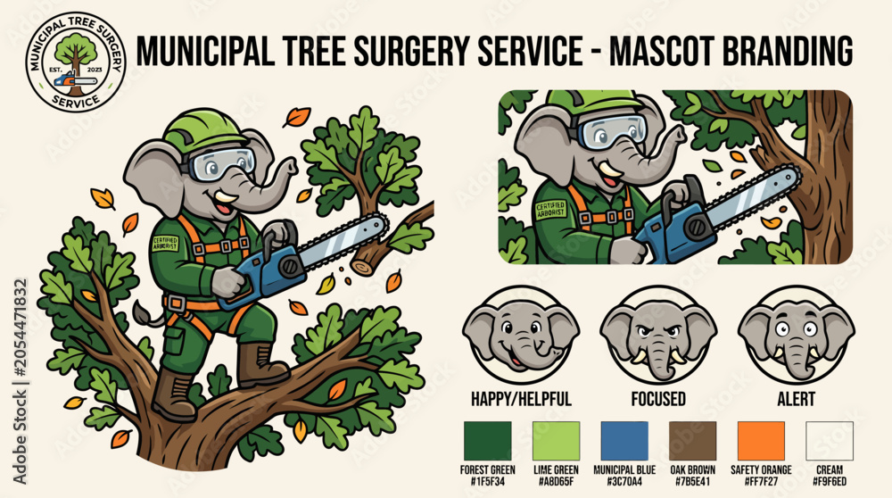 Fototapeta premium Cartoon Elephant Performing Tree Surgery Service.