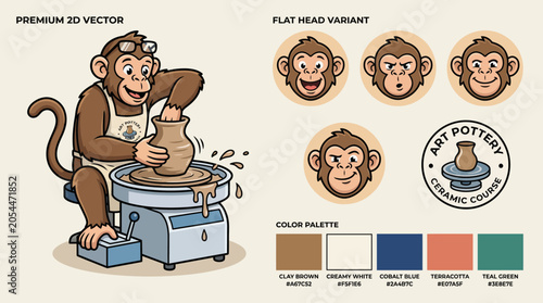 Photography Cartoon monkey potter with various color palettes.