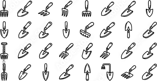 Konstfotografi Black and White Line Art Gardening Tools Icon Set: Hand-drawn Outline Shovels, T