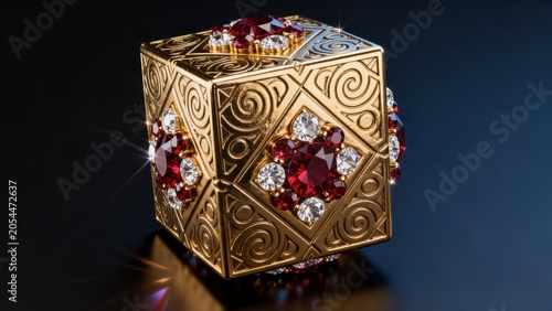 Golden cube adorned with red and white gemstones