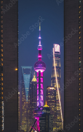 Shanghai Oriental Pearl Tower Night Skyline with Neon Lights