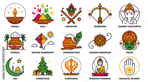 Canvastavla A collection of colorful flat design icons representing various Indian and global festivals and religious holidays, including Diwali, Holi, Christmas, and Eid