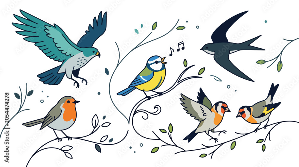 Fototapeta premium Colorful illustration of various songbirds perched on delicate branches with leaves and musical notes
