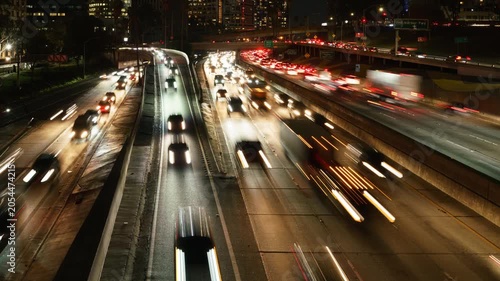 NIght Time Lapse of Los Angeles Downtown Traffic Jam On Freeway California USA