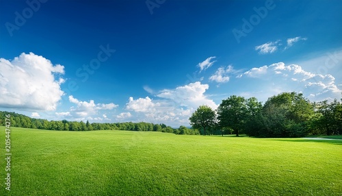 A Wide Shot Of A Grassy Field With Trees In The Background Under A Bright Blue Sky With White Clouds