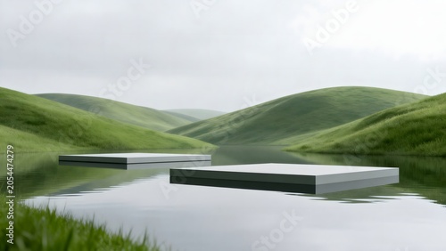 Floating platforms in serene landscape