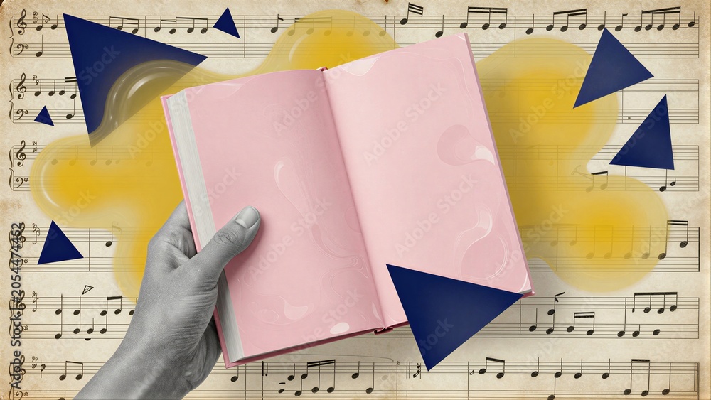 Naklejka premium Hand holds pink book against musical notes with blue triangles.
