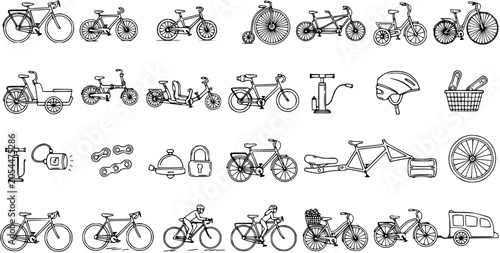 Canvastavla Black and White Line Art Collection of Various Bicycles, Cycling Accessories, an