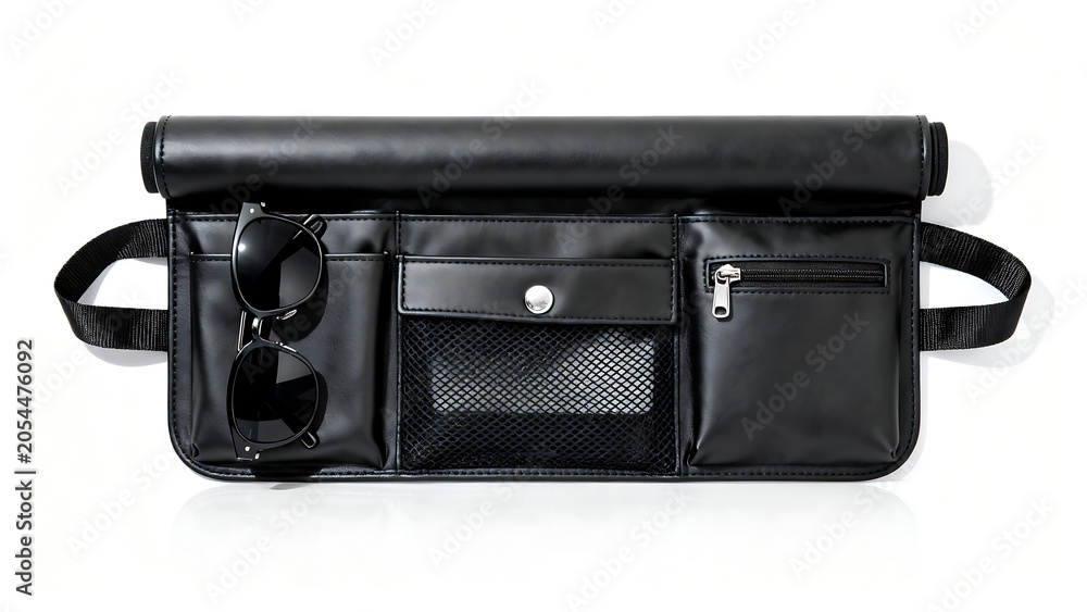 Fototapeta premium black leather shoulder bag with sunglasses and pockets