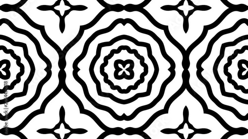 Abstract kaleidoscope black lines form repeating geometric patterns white background. Symmetrical designs create visual rhythm and balance. 
