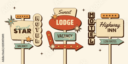 Retro motel signs set with vintage roadside motel signboards, vacancy arrows, highway inn labels and travel direction badges. Vector illustration in mid century 1950s style