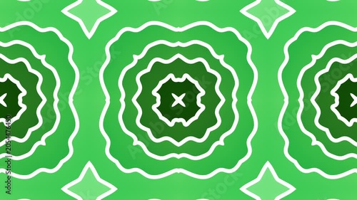 Abstract kaleidoscope white lines form repeating geometric patterns green background. tribal curves.