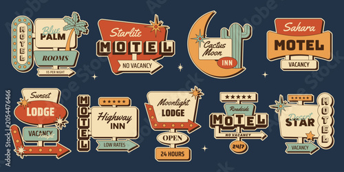 Retro motel signs sticker set with vintage roadside motel signboards, vacancy arrows, motor lodge labels and travel direction signs. Vector illustration in mid century 1950s style