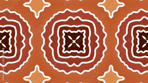 Abstract kaleidoscope white lines form repeating geometric patterns brown background. vintage motion.