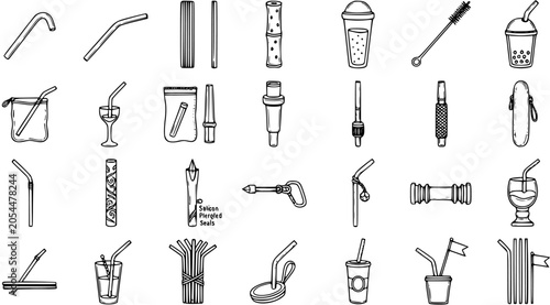 Fotografie Eco-Friendly Reusable Drinking Straws, Brushes, and Cases Black  White Line Art