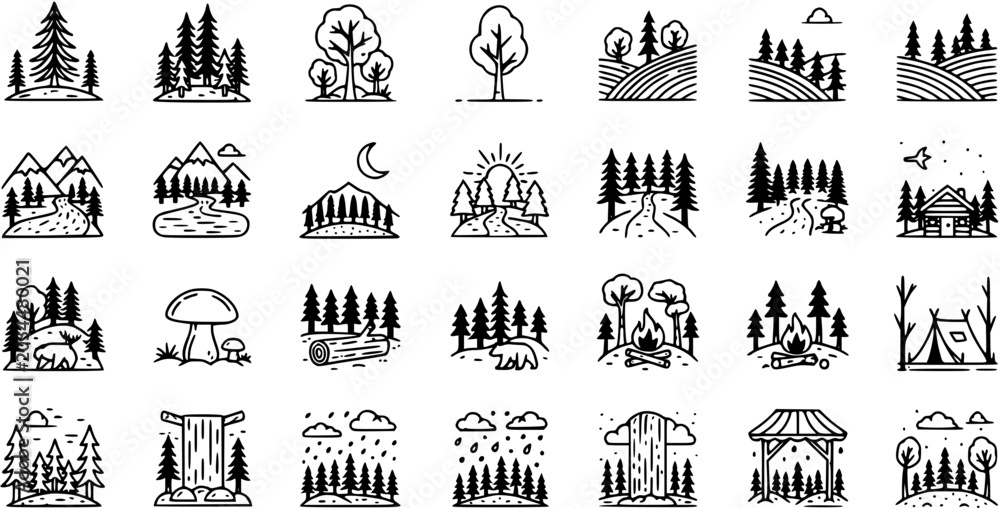 Fototapeta premium Nature and Outdoor Adventure Line Art Icons Set: Forest, Mountains, Camping, and Landscape Monoline Glyphs