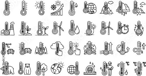 Fotografie Environmental and Climate Change Temperature Thermometer Line Art Icons Set