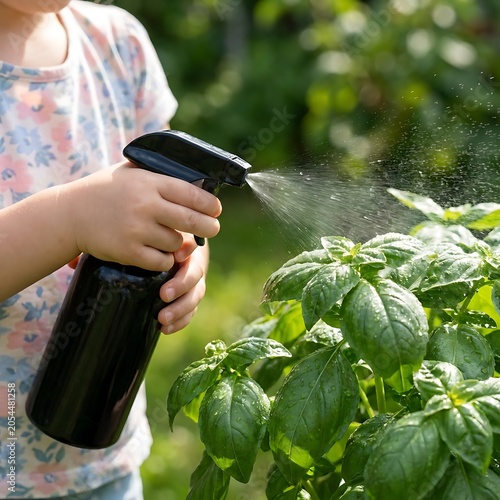 Child spraying pesticide or plant fertilizer on basil leaves outdoors
