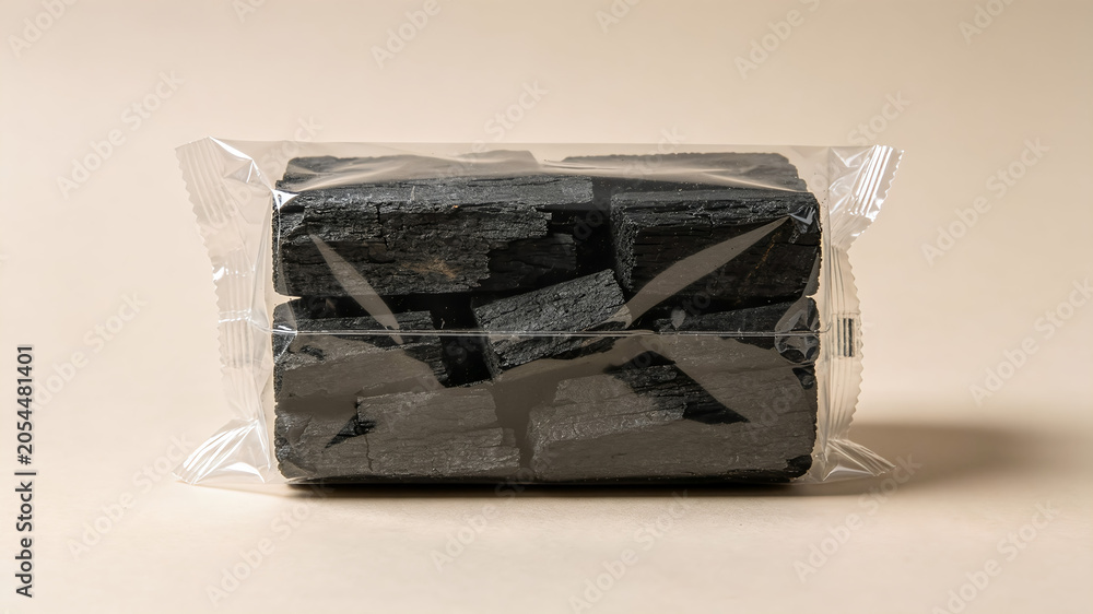 Fototapeta premium Packaged natural wood charcoal pieces in a transparent plastic wrap against a neutral beige background.